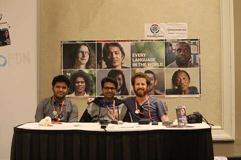 O Foundation members Sailesh Patnaik, Subhashish Panigrahi and Wikitongues Co-Founder Daniel Bogre Udell at the collaborative booth at Wikimania 2017, Montreal, Canada, organised by the Odia Wikimedians User Group, O Foundation and Wikitongues. (Sailesh Patnaik, CC-BY-SA 4.0)